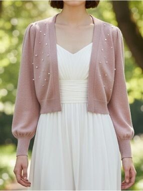 Cropped Dusty Pink Pearl-Embellished Cardigan - NWOT Size Large